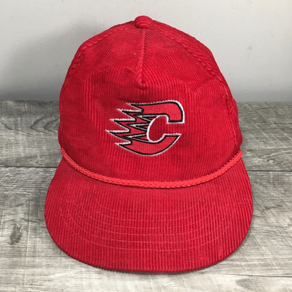 Vintage 1990s Yupoong Calgary Flames NHL Hockey Red Corduroy Snapback Hat Cap